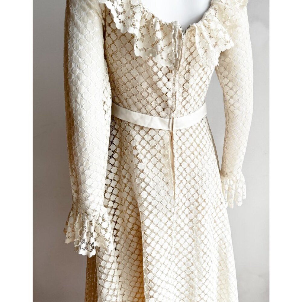 Vintage Jac An Ivory Crochet Long Sleeve A line Maxi Dress Wedding Boho S - Picture 11 of 11